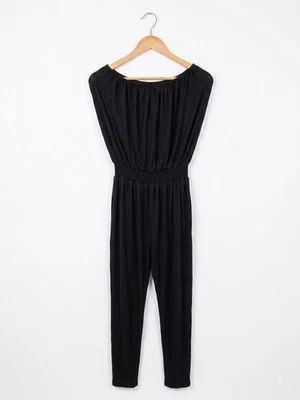 Combinaison Noire Vintage Col Bardot & Taille Élastique Tendance - Photo 1/4