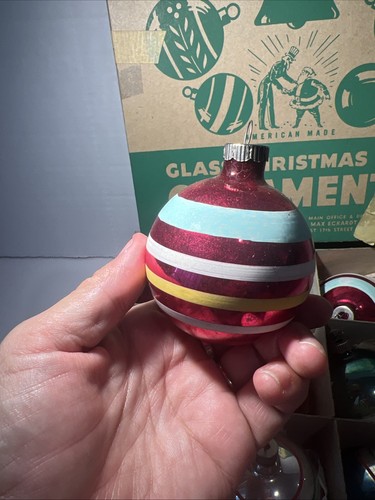 VTG Dozen Shiny Brite Glass Christmas Tree Round Striped Ornaments Pastels - Picture 3 of 12