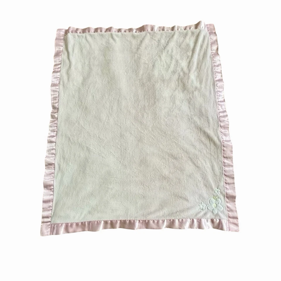 Manta de bebé rosa suave Carters respaldo satinado y adornos flores blancas 30x40 rara Foto 3 de 4