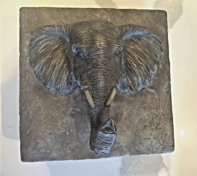 Elephant Head Relief Sculpture 3D 6  X 6  Box Art Rustic Cabin Lodge Decor