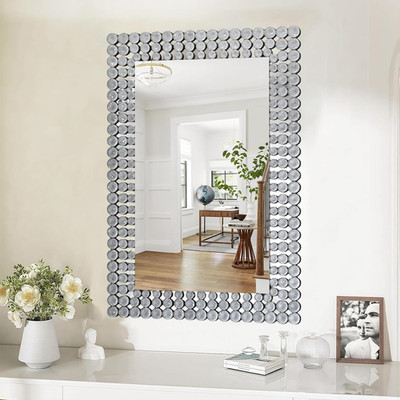 Glitter Beaded Silver Beveled Wall Mirror 36''x24'' for Bathroom & Entryway