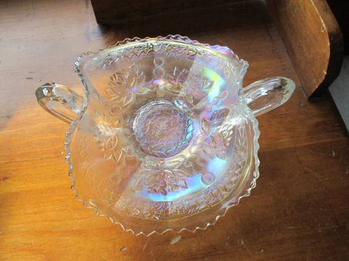 ANTIQUE OPALESCENT CARNIVAL GLASS FLORAL & LEAF RUFFLED EDGE DOUBLE HANDLE BOWL