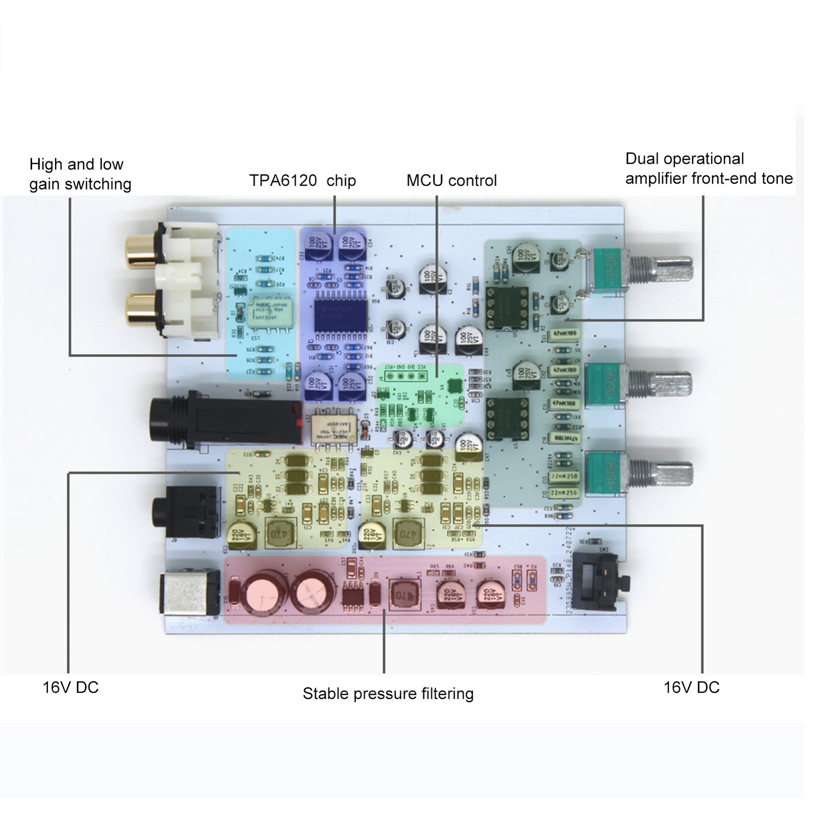 Desktop Headphone Amplifier One-key High-Low Gain Switching Treble Bass TVBE