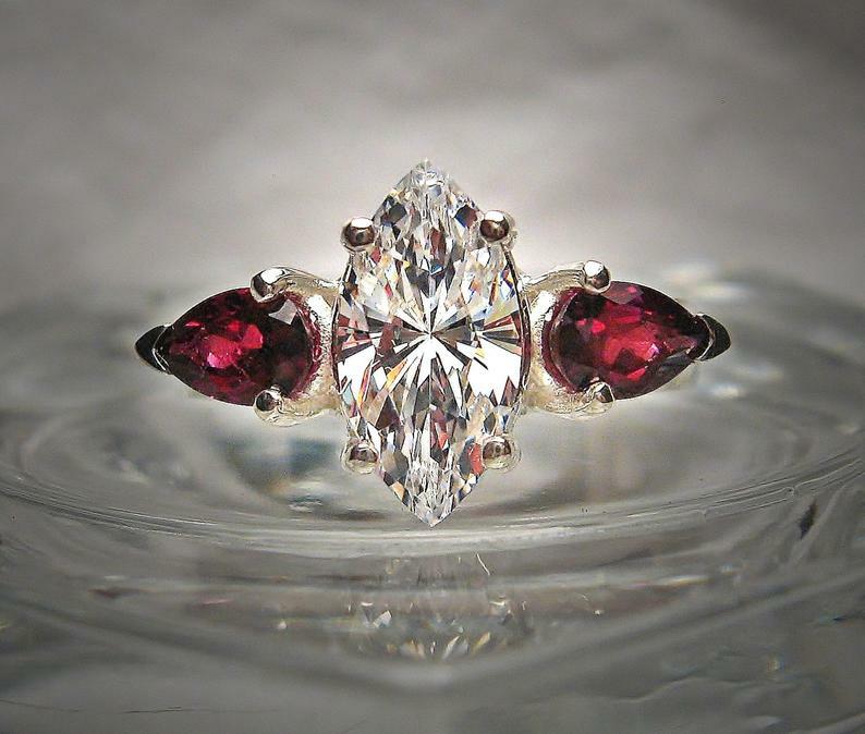 2.2ct Lab Diamond Ring Sterling Silver with Ruby Pear Accents