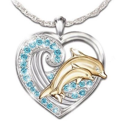 Women 925 Silver plated Heart Dolphin Rhinestone Chain Necklace with gift box