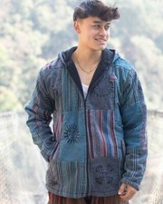 Blue Patchwork Cotton Fleece Winter Jacket, Unisex Hippie Jacket with Hoodie