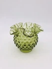 Vintage Fenton Colonial Green Ruffled Crimped Edge Hobnail Glass Vase 4”