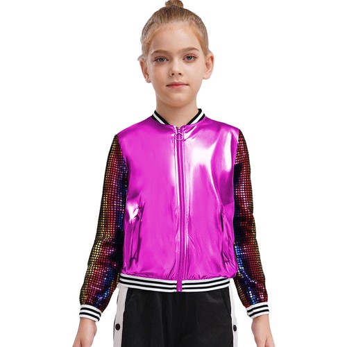 Kids Girls Bomber Jacket Shiny Metallic Street Disco Baseball Hip Hop Jazz Dance - Picture 18 of 48