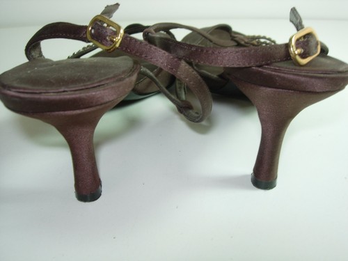 WOMENS BROWN SATIN RHINESTONE SLINGBACK BRIDAL SANDALS HEELS SHOES SIZE 9 M - Picture 4 of 5