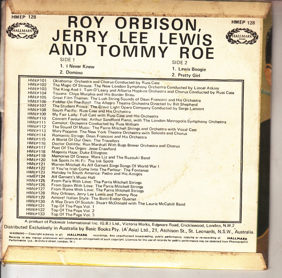 ROY ORBISON, JERRY LEE LEWIS & TOMMY ROE  I never knew EP PICTURE SLEEVE 45 NEW - Image 2 of 4