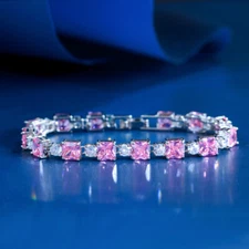 Silver Plated CZ Pink Crystal Square Round Tennis Chain Bracelet Wedding Jewelry