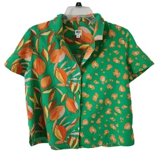 Tabitha Brown Women's Linen-Blend Leopard Orange Print Button-Down Shirt Green L