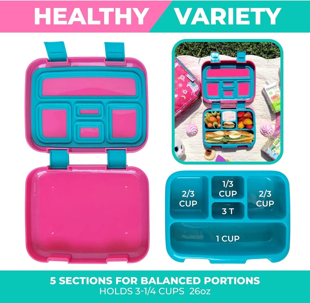 KINSHO Bento Box Pink & Teal Unicorn 5-Portion Sections Removable Tray • VGUC‼