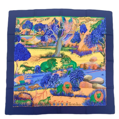 Hermes Carre 90 NUBA MOUNTAIN Bufanda Seda Azul Marino Multicolor De Colección Raro Auténtico - Imagen 2 de 8