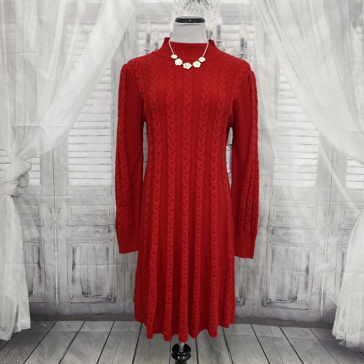 jessica howard cable knit sweater dress PXL Petite XL Red Long Sleeve Mock B50 Women's sweater
