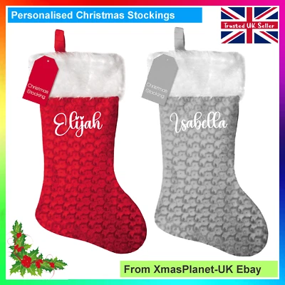 Personalised NAME Christmas Stocking - Red Silver Xmas Sack, Romantic Font