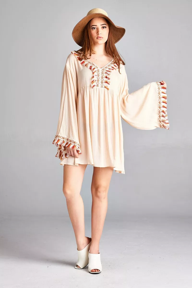 Velzera Fringed Embroidered Bohemian Tunic Mini Dress NWT Beige