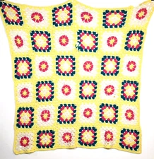 Vintage Spring Colors Crocheted Afghan Knitted Lap Blanket 40"x40” Granny Square
