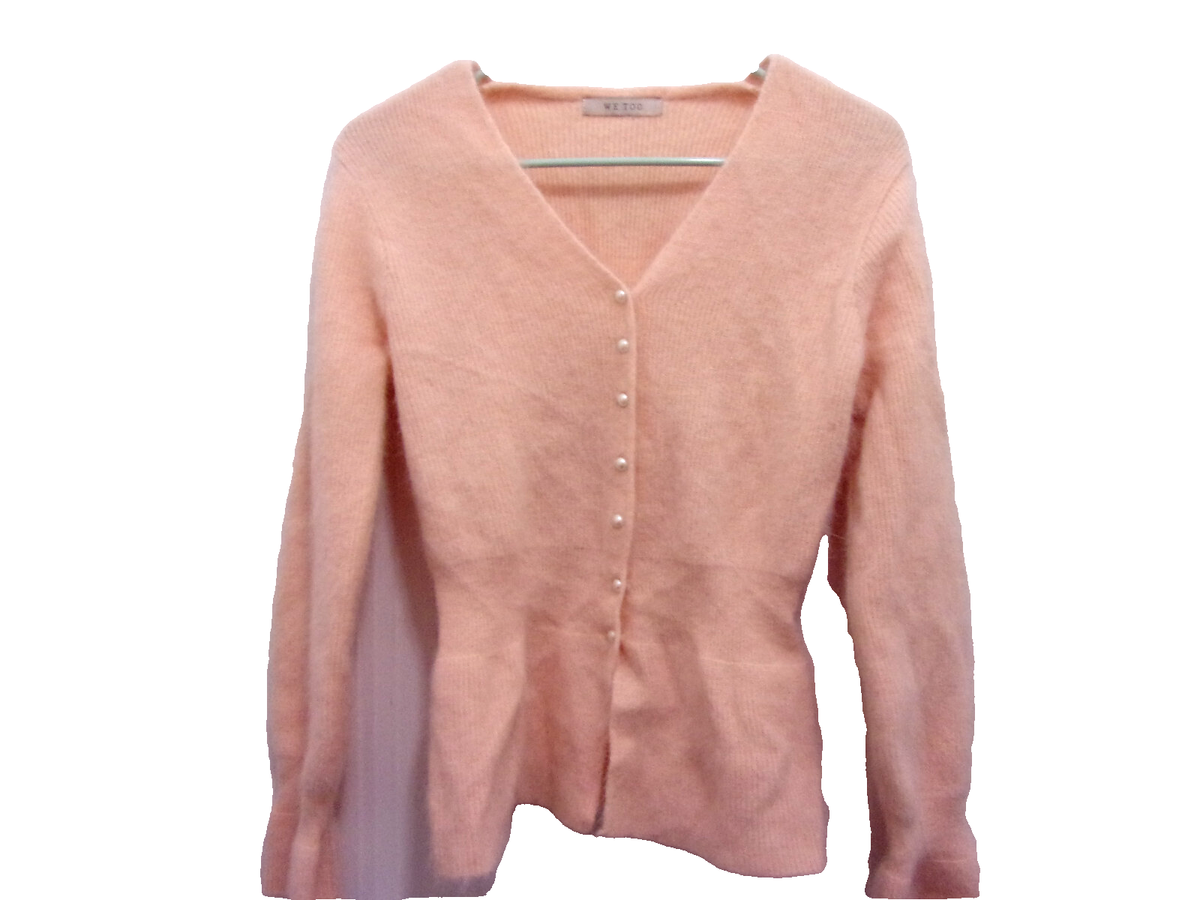 We Too Pink Angora V Neck Cardigan Sweater Fuzzy Cozy Pearl