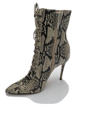 Schutz Snake-Embossed Leather Sole Laces Zipper Pointed Toe Heel Mid-Calf  Boots