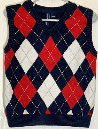 Janie and Jack Little Boy Sz 5 Sweater Vest V-Neck Argyle Navy/Red/White Cotton - Picture 7 of 10