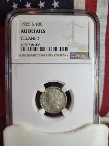 1925-S Winged Liberty Mercury Dime  **NGC  About Uncirculated Details**  Cleaned