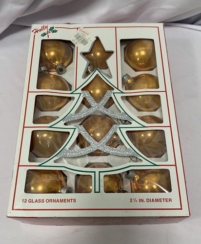 1 Box Of 12 Holly Glass Christmas Ball Ornaments Decorations - GOLD - 2 1/4-inch