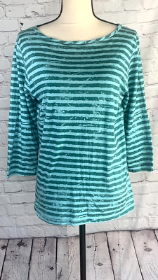 NEW CMC By Color Me Cotton 100% Cotton 3/4 Sleeve Tunic Blue Green Stripe Medium