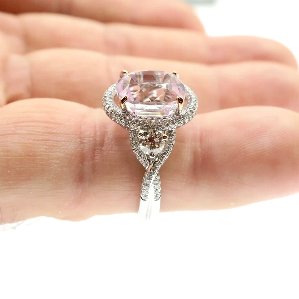 设计师 18k 纯白金 5.50 克拉天然 Kunzite 和钻石戒指 尺寸 6.25 — 第 4/4 张图片