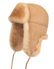 Aviator Trapper Ushanka Leather Shearling Sheepskin Fur Hat - Tan