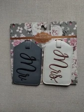 Mr. and Mrs. Luggage Tags Set Grey and White Bridal By Miamica New 