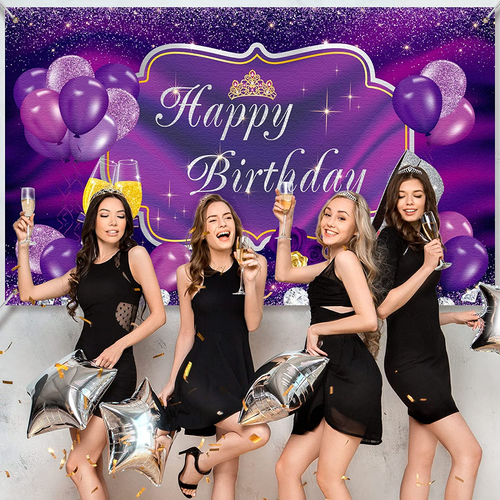 Purple Happy Birthday Photography Backdrop Birthday Party Banner Decoration High - Bild 5 von 12