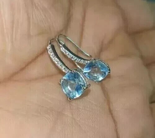 Cushion Cut Simulated Aquamarine Drop/Dangle Earrings In 14k White Gold Plated - Picture 5 of 5
