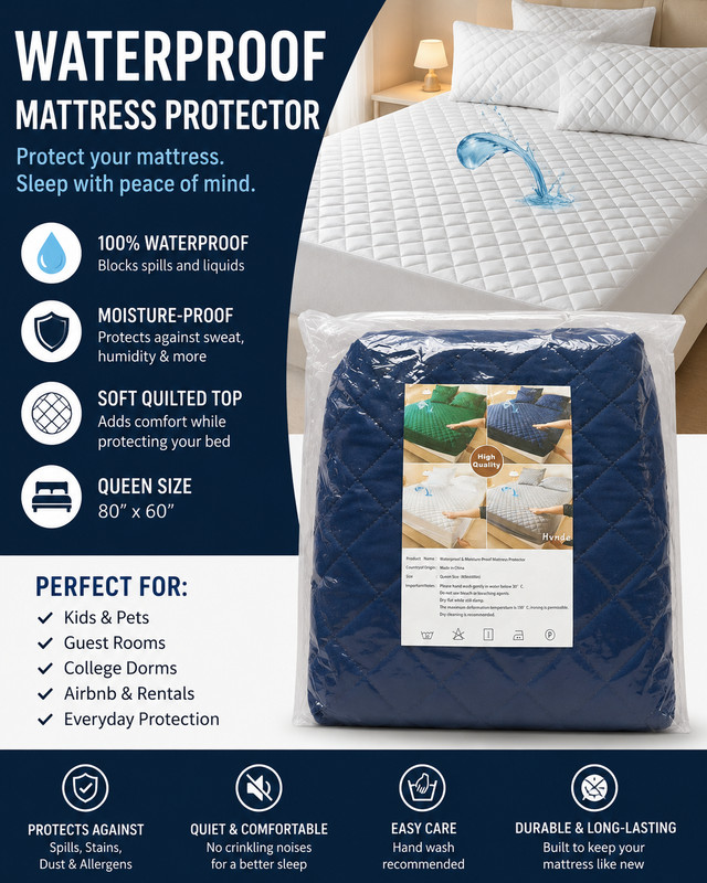 Queen Waterproof Mattress Protector Quilted Mattress Pad Cover Navy Blue New