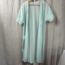 Vintage Robe Womens Medium Light Blue Lace Trim Sheer Short Sleeve Pocket Belted
