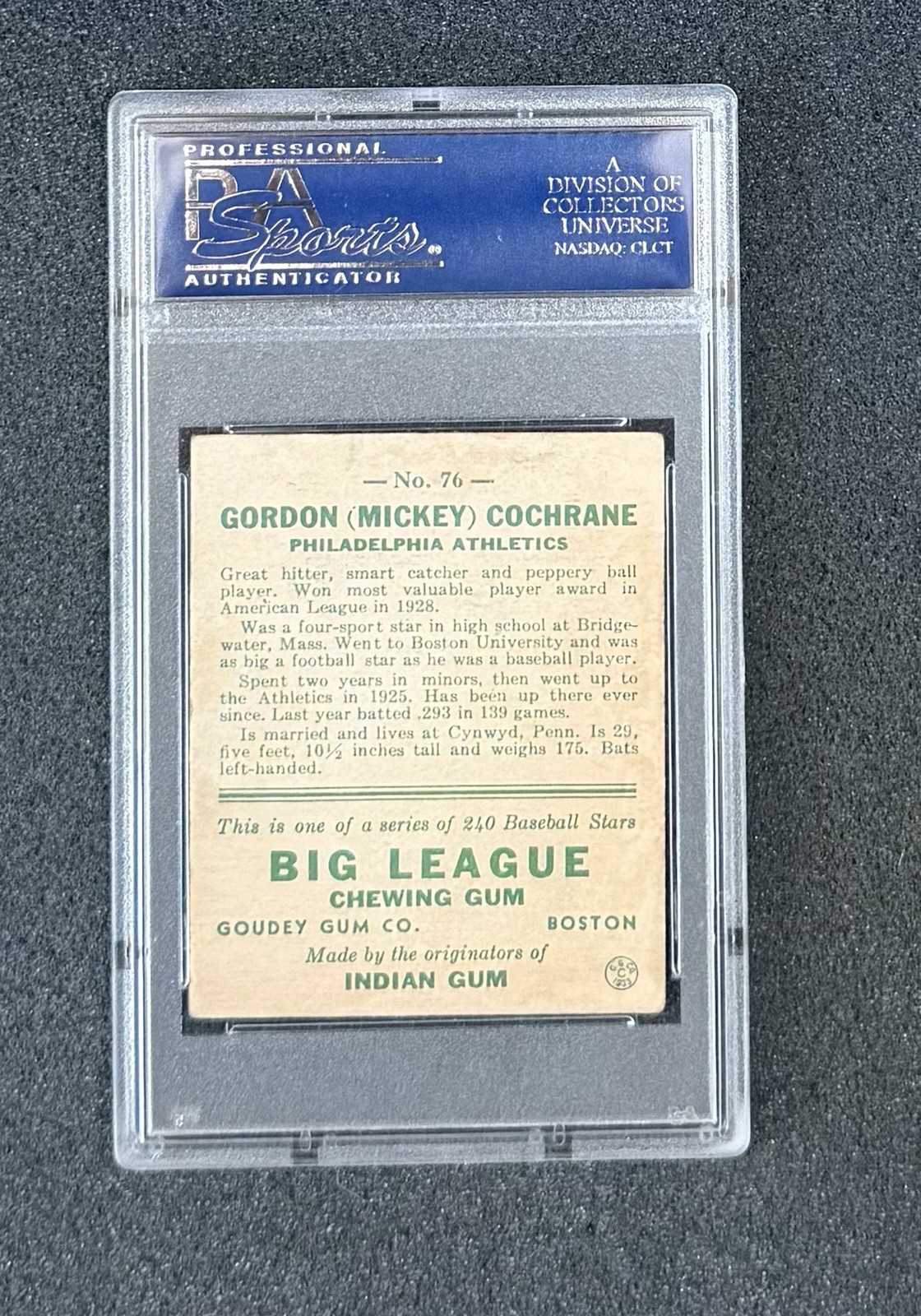 1933 Goudey - #76 Mickey Cochrane  — PSA 3 view 2