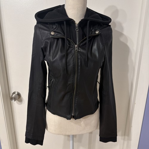 JKT NYC Women’s Black Leather Moto Jacket XS Removable Hoodie Insert Sz XS