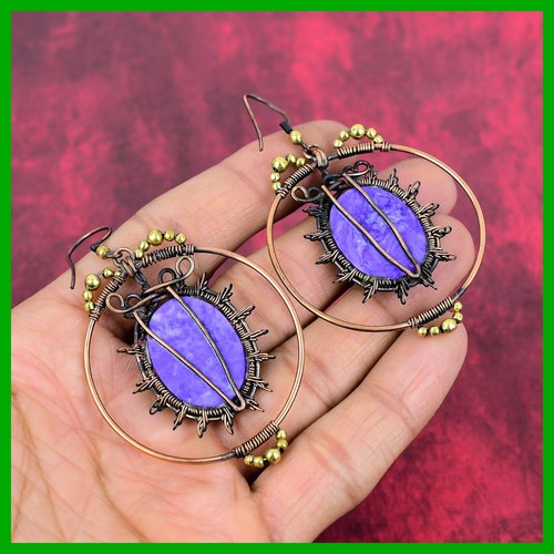 Copper Natural Charoite Drop Dangle Wire Wrapped Daughter Gift Earrings Jewelry - Picture 10 of 11