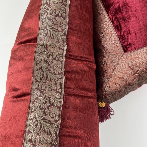2 Designer Pillows Elegant Tasseled Velvet & Silk Wine & Gold 17”x 17” & 11”x24” - Picture 12 of 16