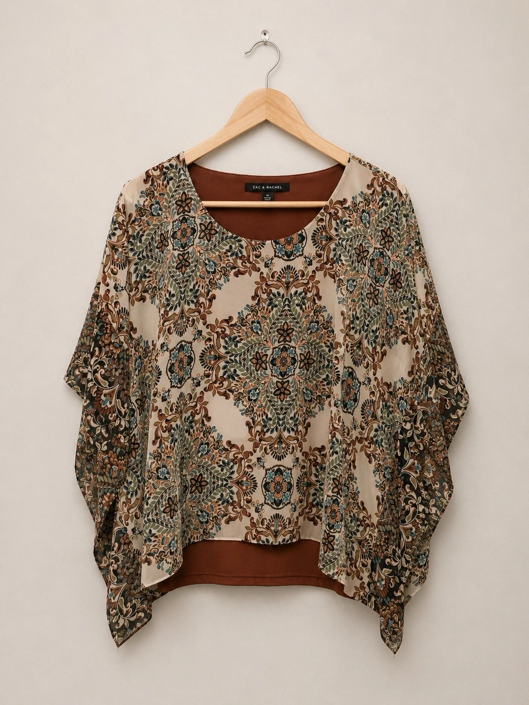 Zac & Rachel Womens Boho Paisley Poncho Blouse Top Medium Kimono Sleeve Beige
