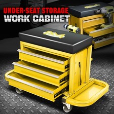 Mechanics Roller Work Seat W 3-drawer Tool Box Storage Tray Padded Stool Yellow