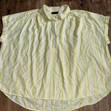 Lane Bryant Size 26 Striped Yellow Popover Top Collared Cap Sleeves Curved Hem