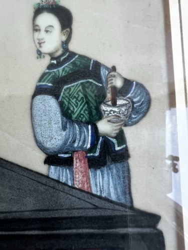 19th Century Chinese Antique Hand Painting Official’s wife Servant Furniture 通草画 - Picture 12 of 15