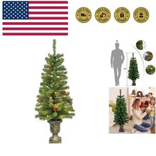 4FT Artificial Potted Christmas Tree with Lights, Pre-lit Mini Christmas Tree...