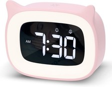 Pink Alarm Clock with Night Light, Cute Cat Alarm Clocks for Girls Toddlers Boys