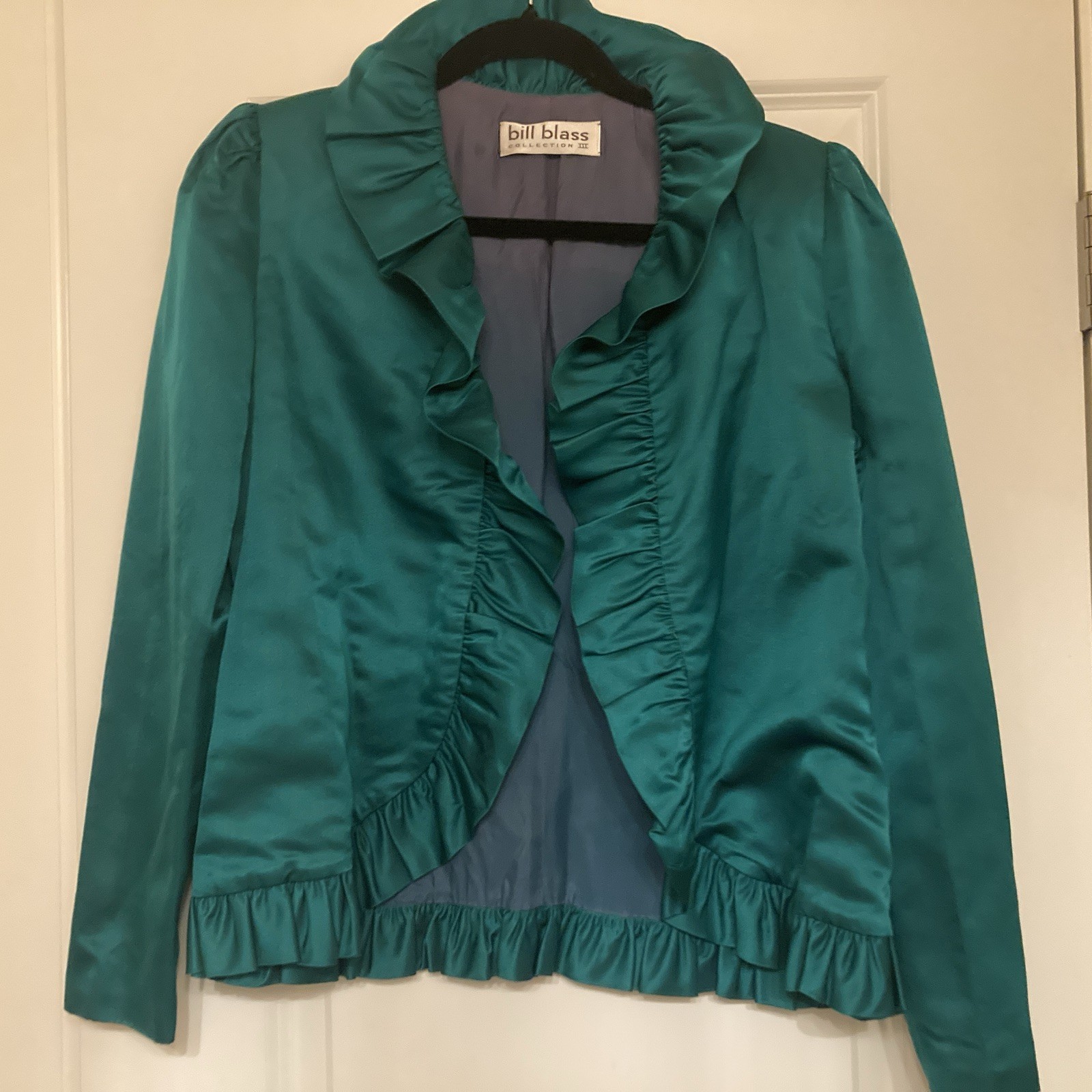 Vintage Rare 90s Bill Blass Collection Emerald Green Satin Ruffled Formal Jacket image 3