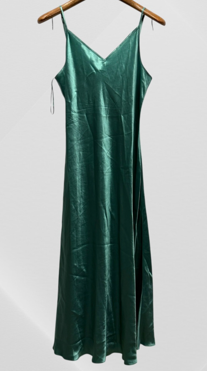 max mara green silk dress Leisure Metallic Satin Strappy Maxi US 12 UK 14 IT 46 XL ED-028