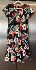 VTG KAD Creations Small Hawaiian Black Tropical Floral Midi Dress Ruffle Tiki