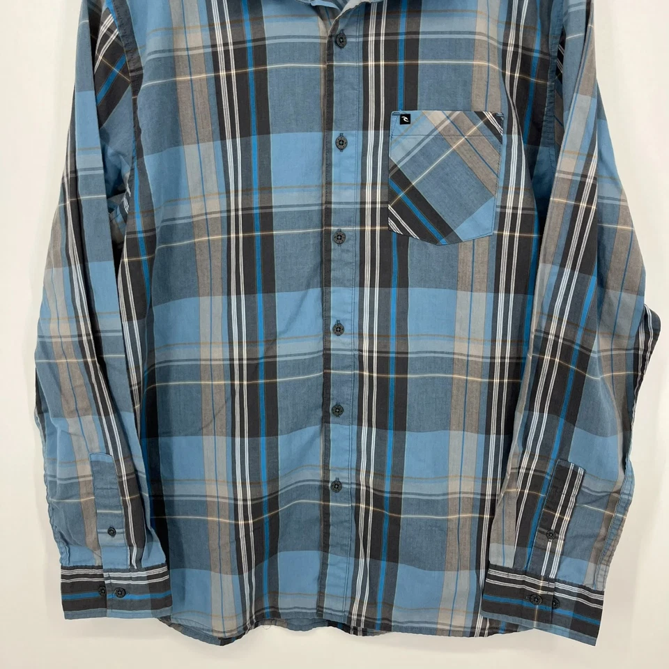 Rip Curl Long Sleeve Button Shirt Men's L Blue Plaid Print Pocket Cotton Surf - Image 3 of 4