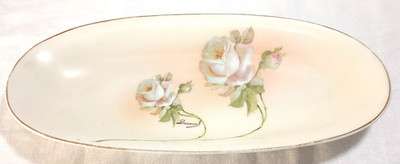 Vintage Celery Vegetable Dish Hand Painted Austria Hub Porcelain Roses Signed